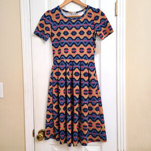 NWT LuLaRoe Amelia Dress Aztec Southwestern Geometric Print Blue Pink Tan - XS